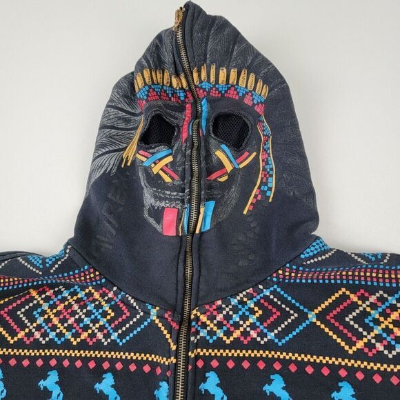 Vtg Y2K Avirex Full Zip Distressed Hoodie Skull Facemask Sweatshirt Mens Sz XL - Picture 3 of 11
